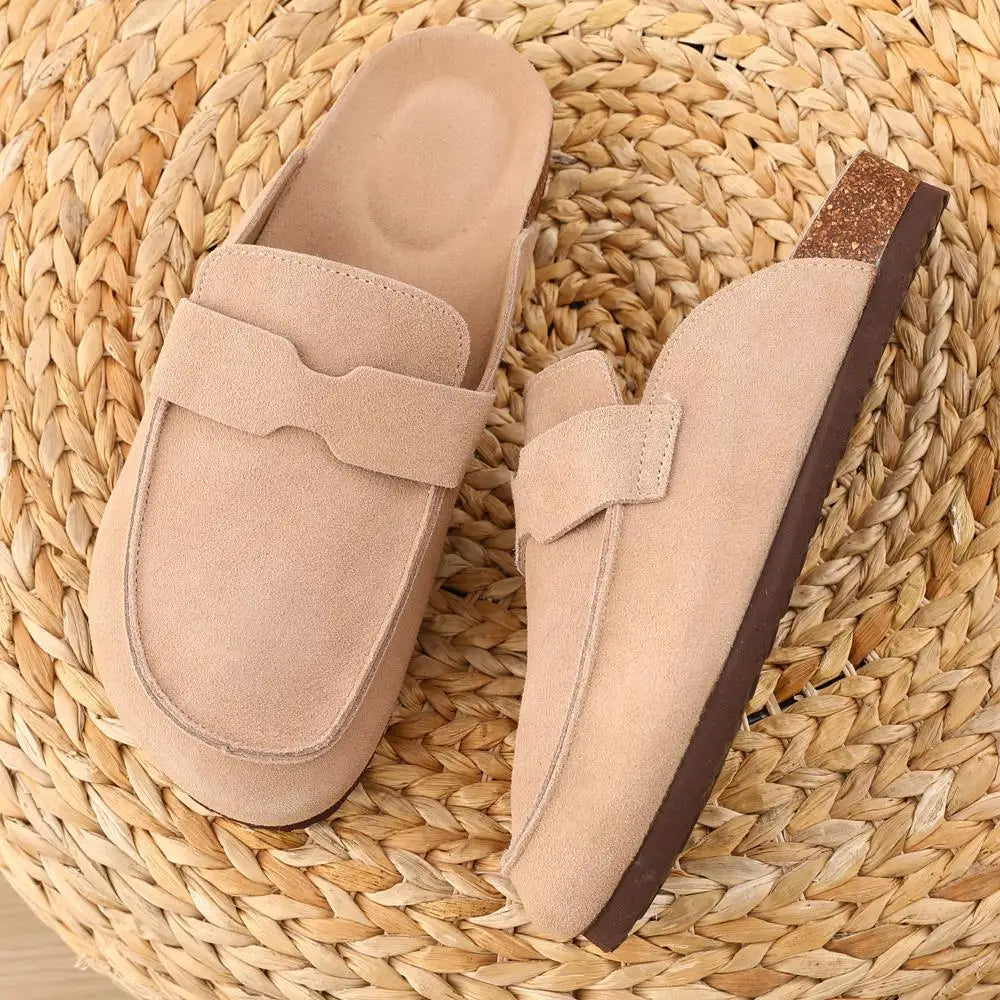 Women's Classic Faux Suede Cork Slippers with Arch Support – Mules for Indoor Comfort