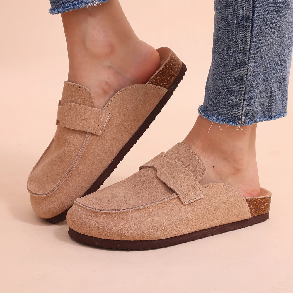 Women's Classic Faux Suede Cork Slippers with Arch Support – Mules for Indoor Comfort