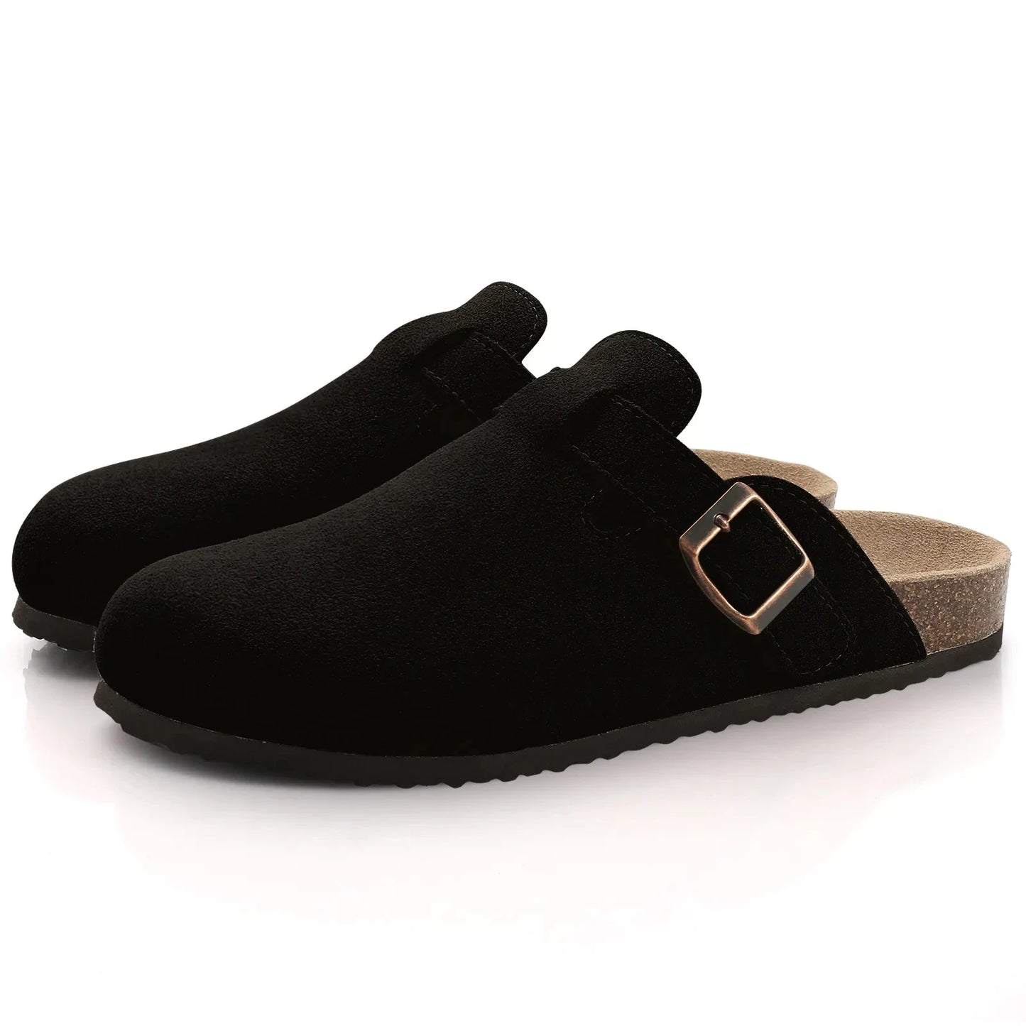 Women's Classic Faux Suede Cork Slippers with Arch Support – Mules for Indoor Comfort