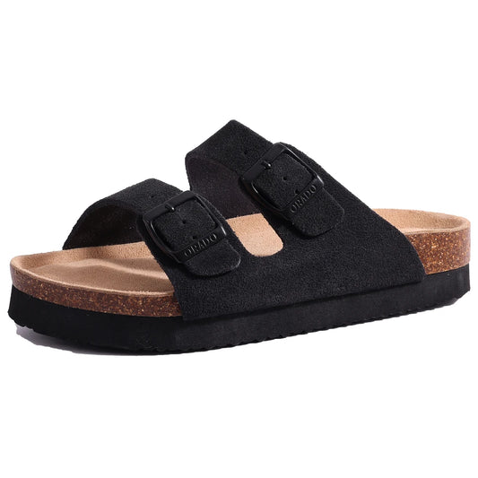 Litfun Women’s Open Toe Cork Sandals - Adjustable Buckle, Suede Flat Slippers