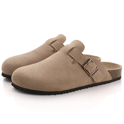 Women's Classic Faux Suede Cork Slippers with Arch Support – Mules for Indoor Comfort